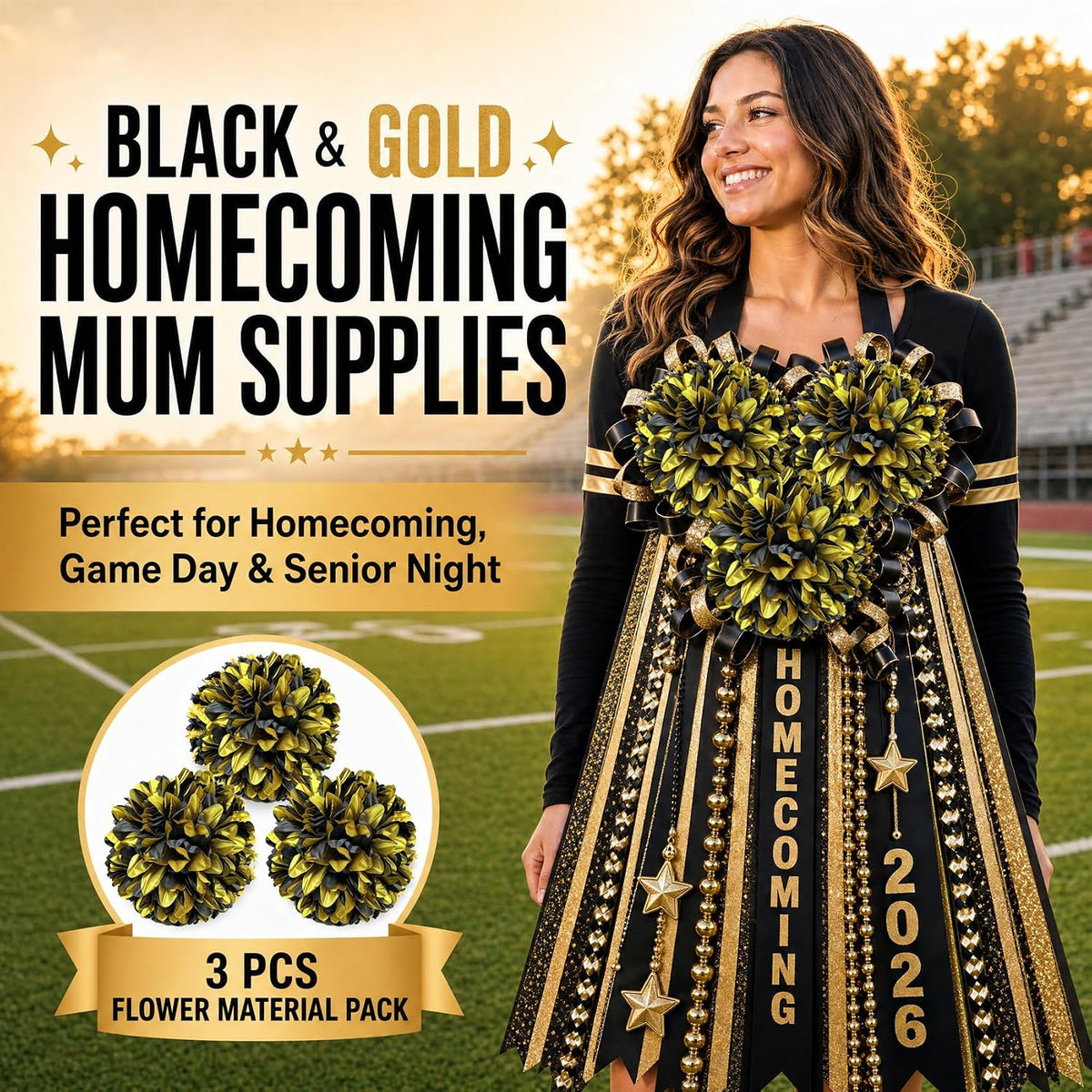 3Pcs Black and Gold Homecoming Mum Flowers, 6.5 Inch Artificial Mum Flowers