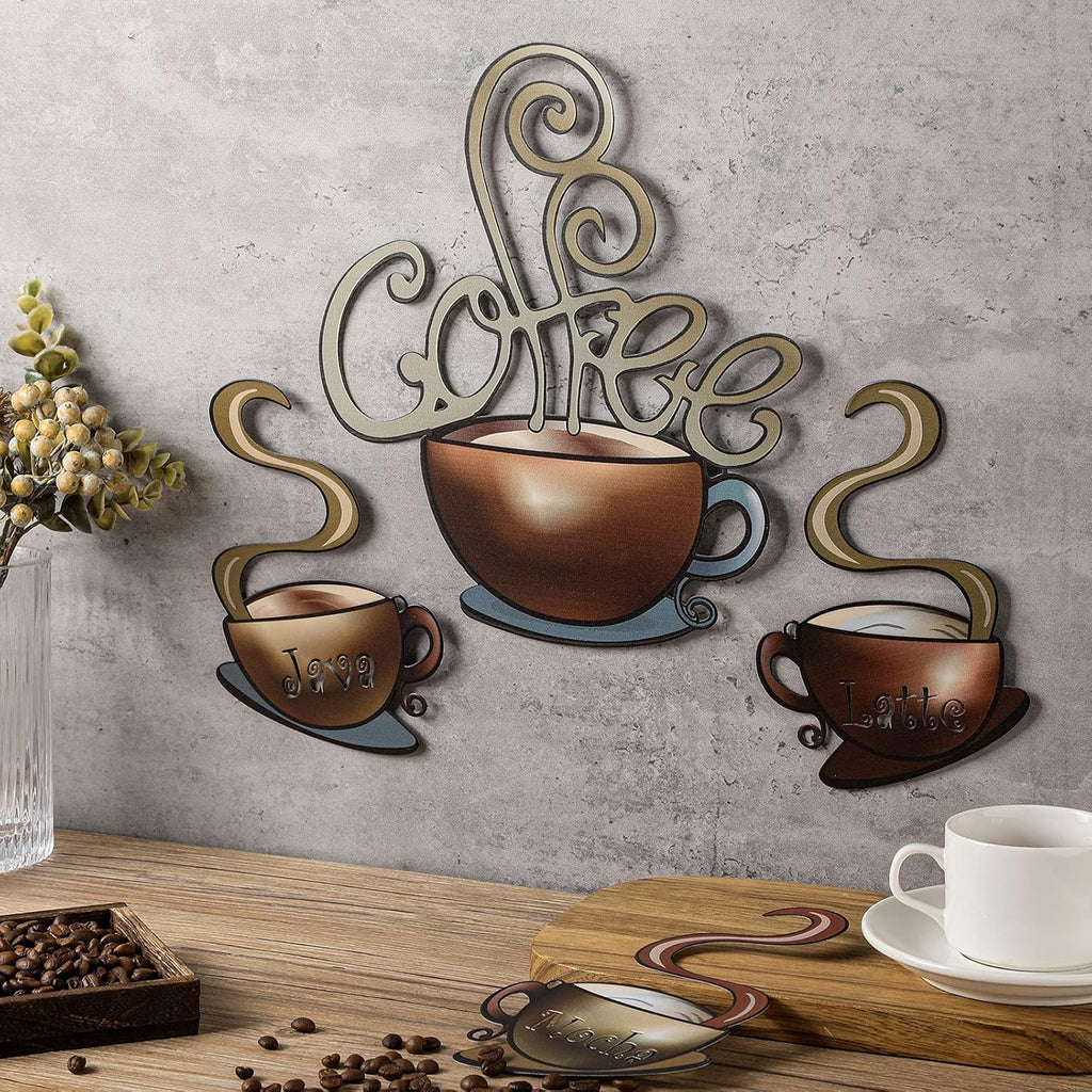 Hotop 4 Pcss Metal Coffee Cup Wall Art Decor Coffee Decor, Brown