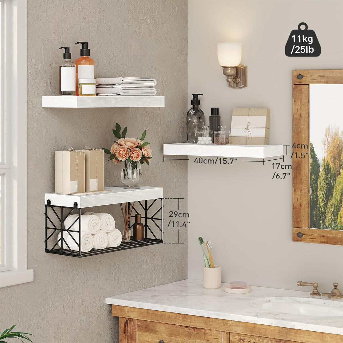 RALGEND Bathroom Shelves Over Toilet Set of 3, 15.7" White Floating Shelves for Wall Storage, 1.5" Thick Hanging Shelf, Farmhouse Wall Decor for Bathroom Living Room, Kitchen, White 4001BJWT