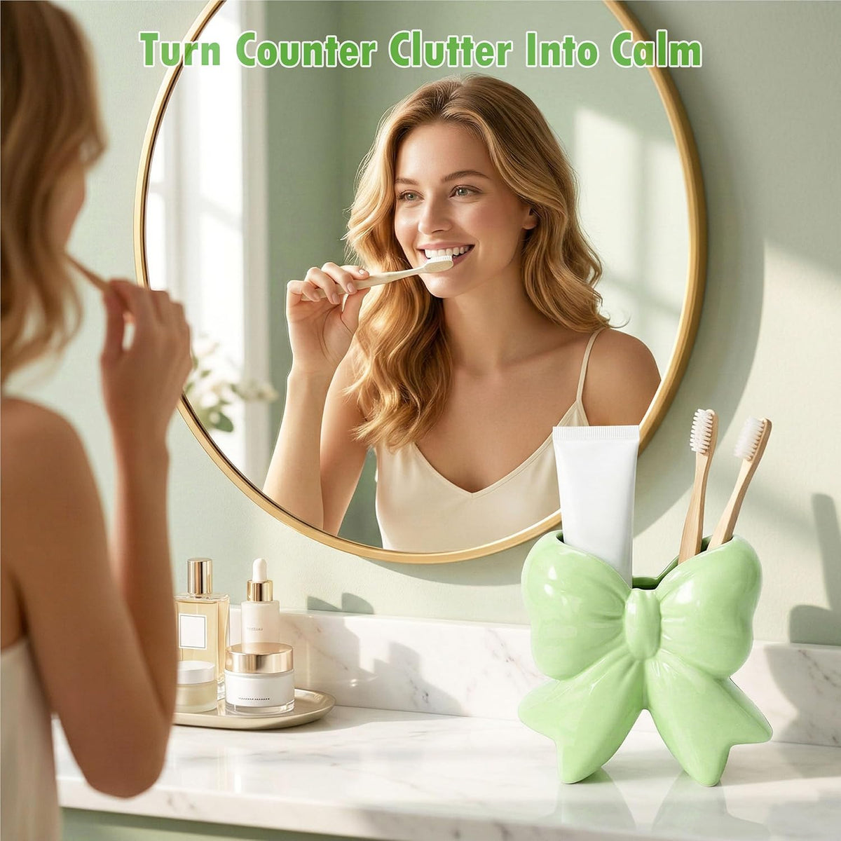 Sage Green Bow Toothbrush Holder, Ceramic Makeup Brush Holder for Bathroom