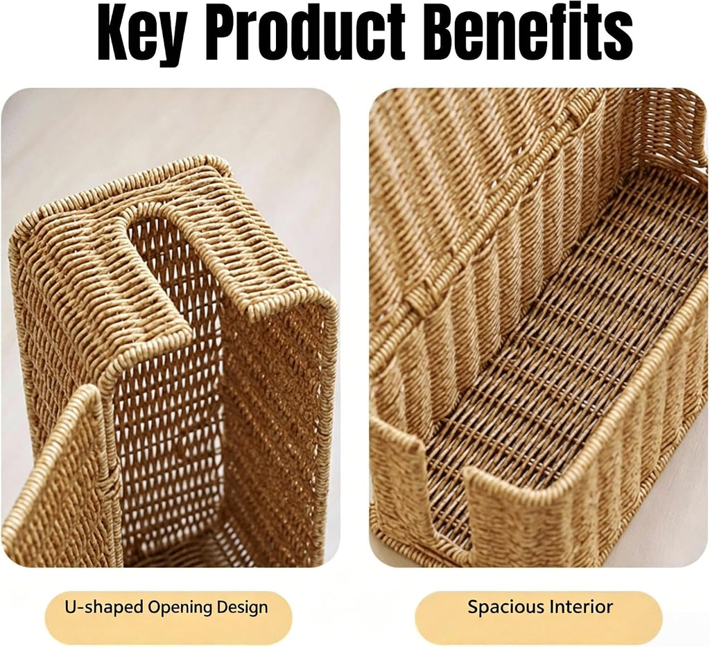 Rattan Woven Cable Management Box, 12.4"x5.1"x5.1" Farmhouse Style Power Strip Organizer, TV Stand Desk Cord Storage Box, Desktop Wire Organizer, PP and Iron Frame, Natural Color (Light)
