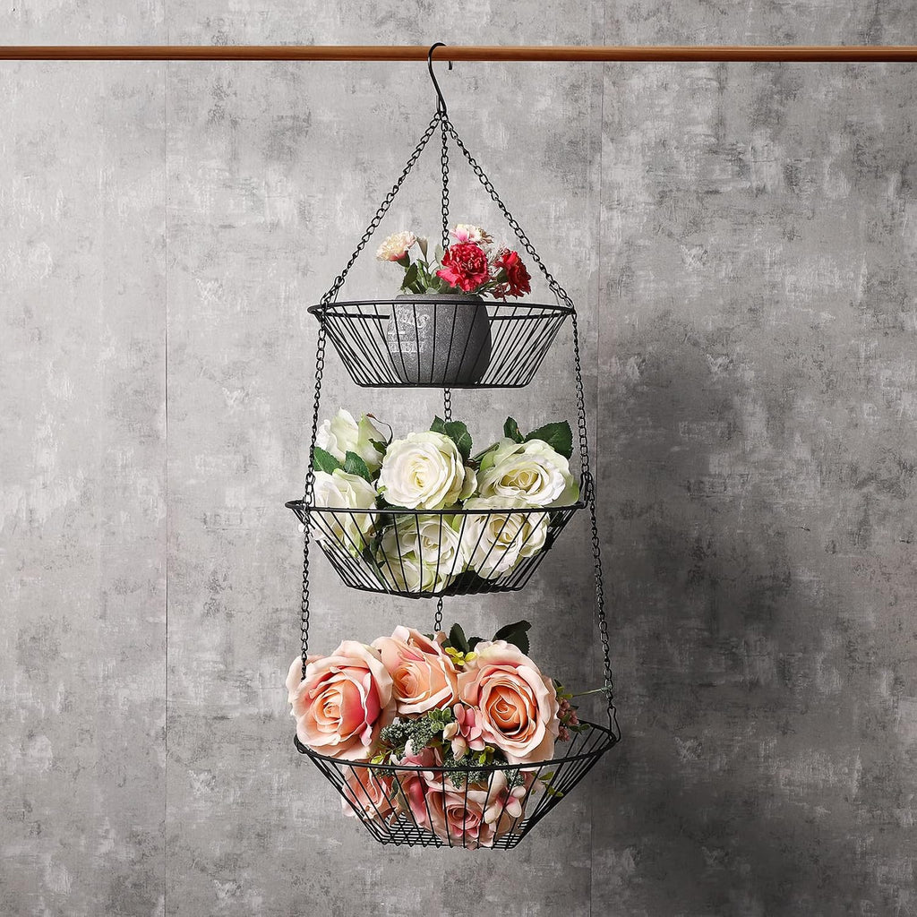 JUNCHU CHERRY 3-Tier Wire Fruit Hanging Basket 2 Packs, non-Punching Wall Hanging Storage, Kitchen Bathroom Organization Basket, Suitable for Bathroom, Kitchen, Closet, Garden, Chrome