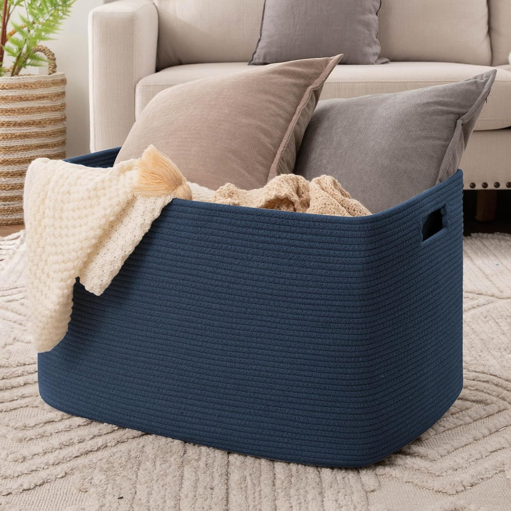 OIAHOMY 118L XXXLarge Rope Storage Basket, Oversized Blanket Basket Blue