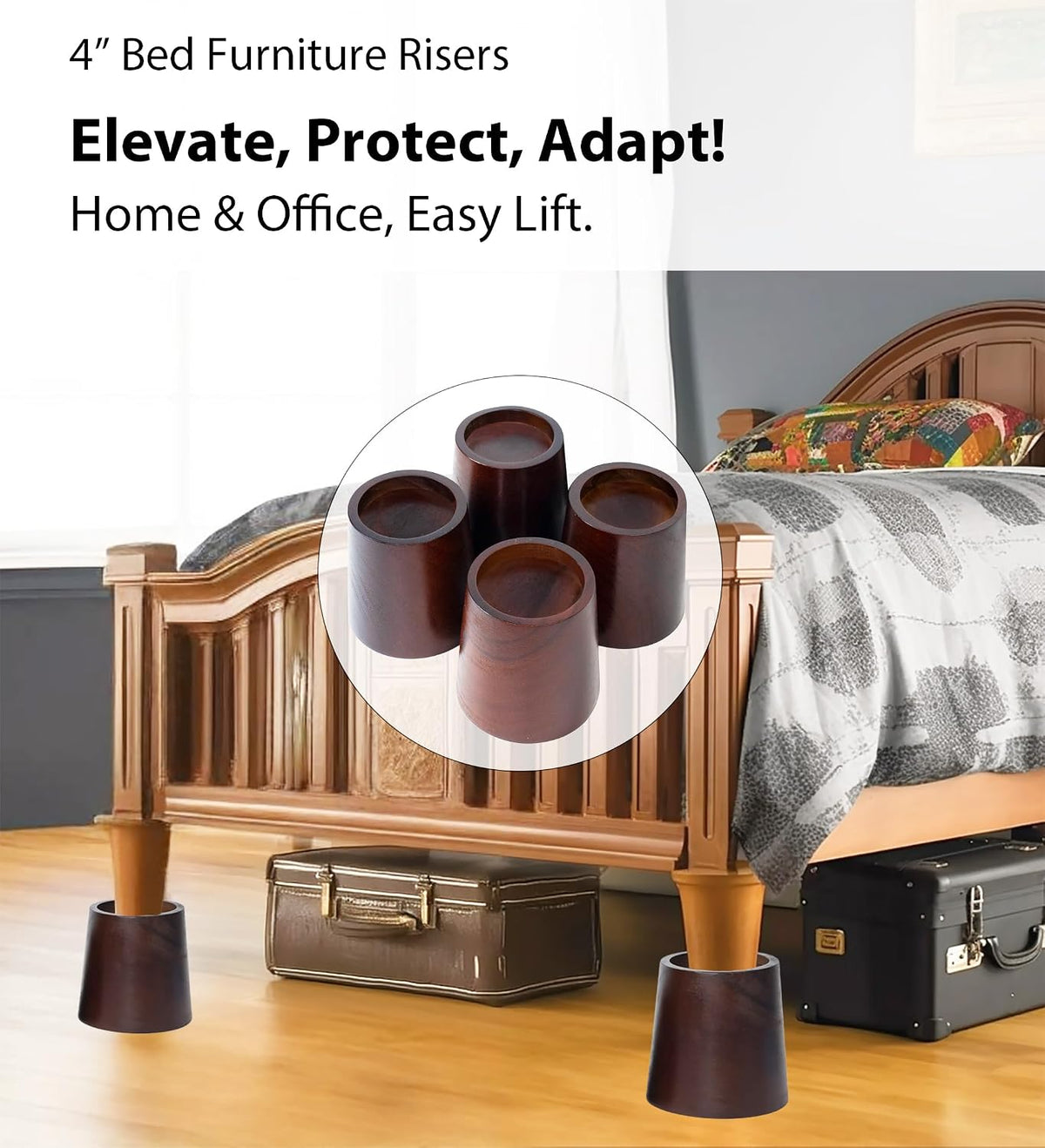 4 Inch Premium Pine Wood Bed Risers - Heavy-Duty Sturdy Lifts for Strong Support, Decor Enhancement (Dark Brown)