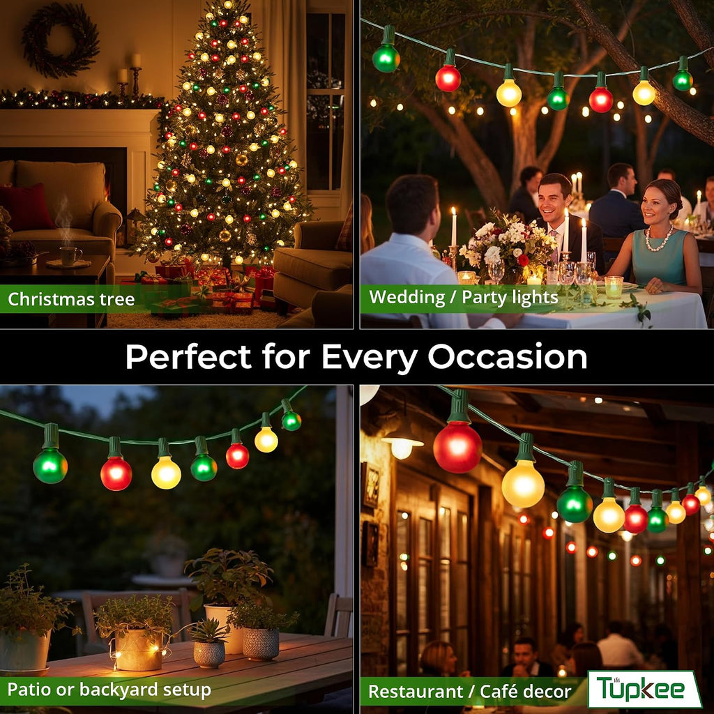 G40 Globe Christmas Tree Lights, Red Green Clear Bulbs, 24 Ft String