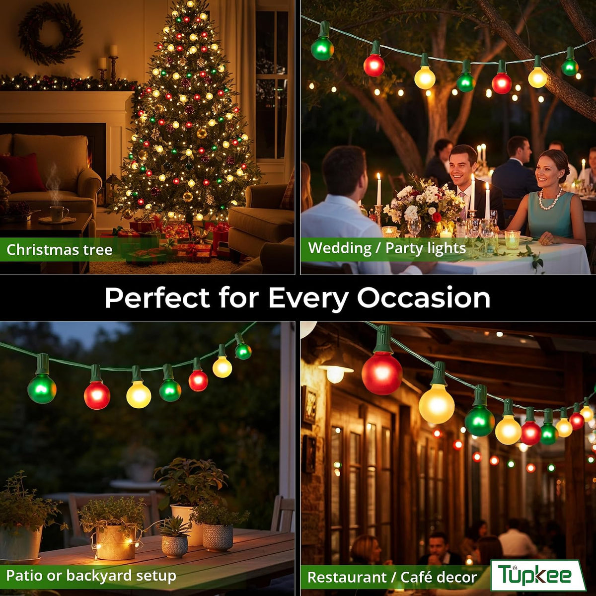 G40 Globe Christmas Tree Lights, Red Green Clear Bulbs, 24 Ft String
