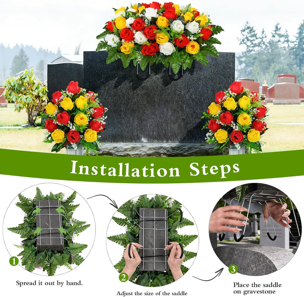 XONOR Artificial Cemetery Flower Saddles, Cemetery Memorial Flowers with Vase for Grave Tombstone Decorations (Yellow Red White)