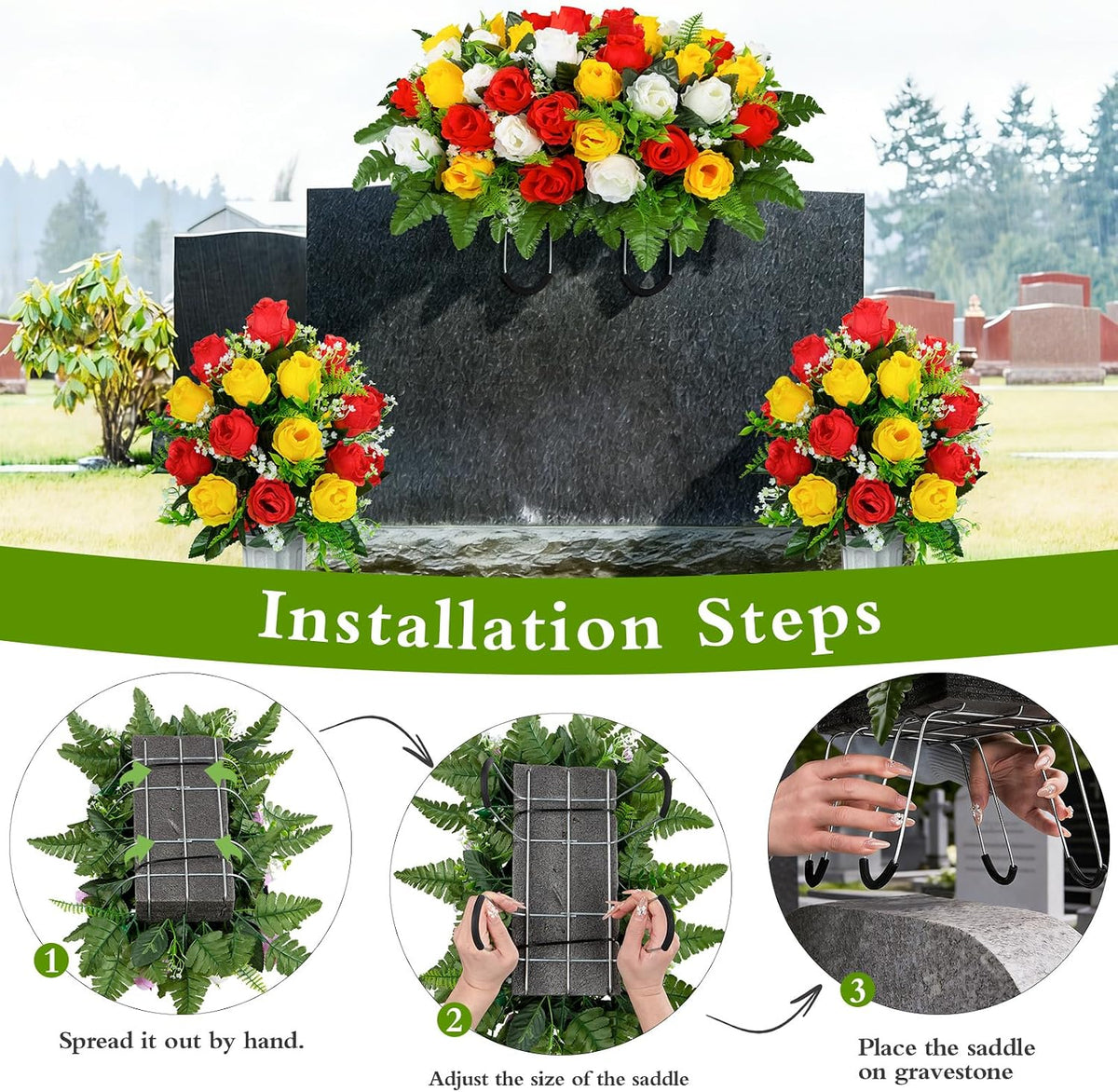XONOR Artificial Cemetery Flower Saddles, Cemetery Memorial Flowers with Vase for Grave Tombstone Decorations (Yellow Red White)