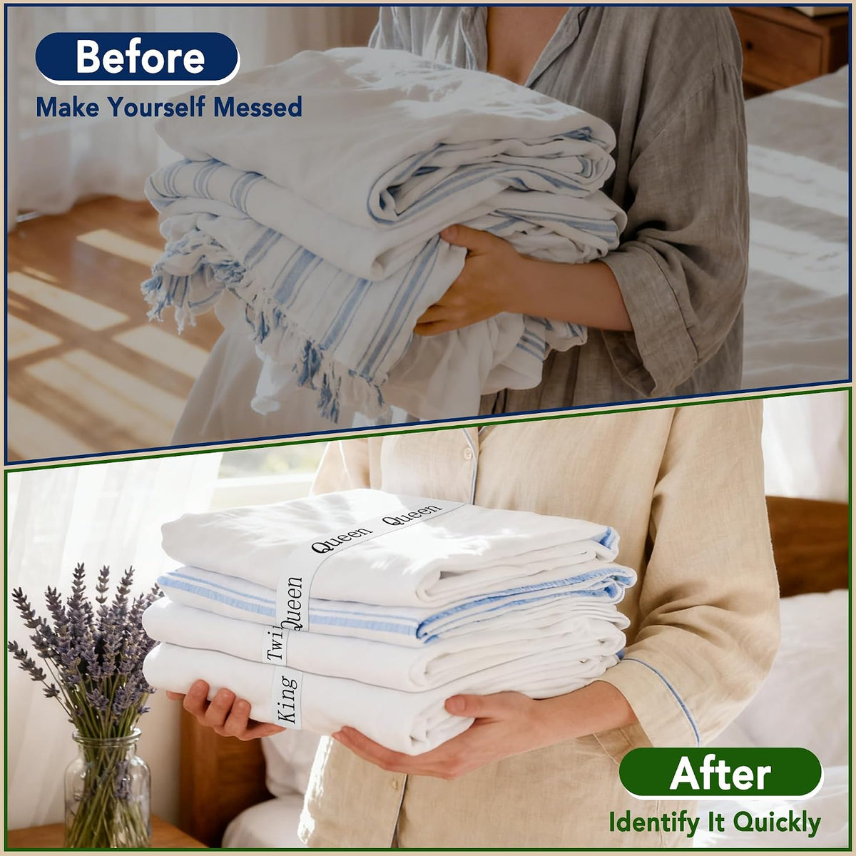 Queen Size Sheet Organizer Bands, 4 pcs Elastic Label Straps for Linen Storage, Closet Organization for Queen Size Bedding Sets