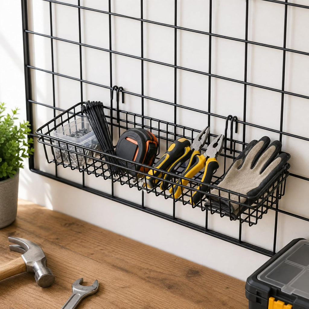 Black Metal Wire Hanging Basket, Multifunction Creative Mesh Wall Grid Holder Storage Organizer Plant Holder Shelf Flower Pots Black Coated