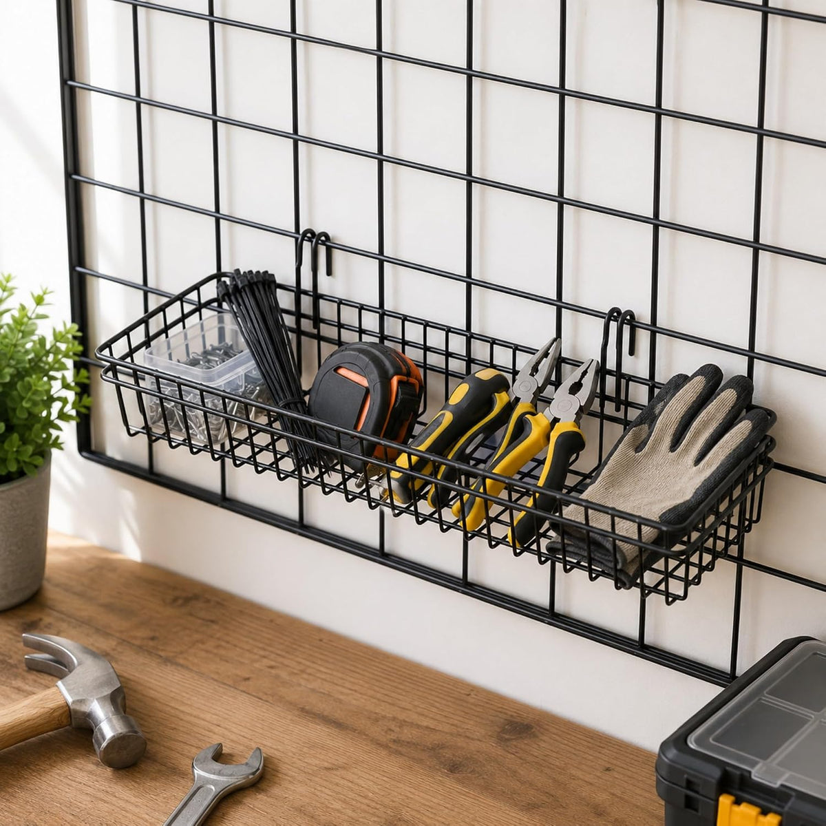 Black Metal Wire Hanging Basket, Multifunction Creative Mesh Wall Grid Holder Storage Organizer Plant Holder Shelf Flower Pots Black Coated