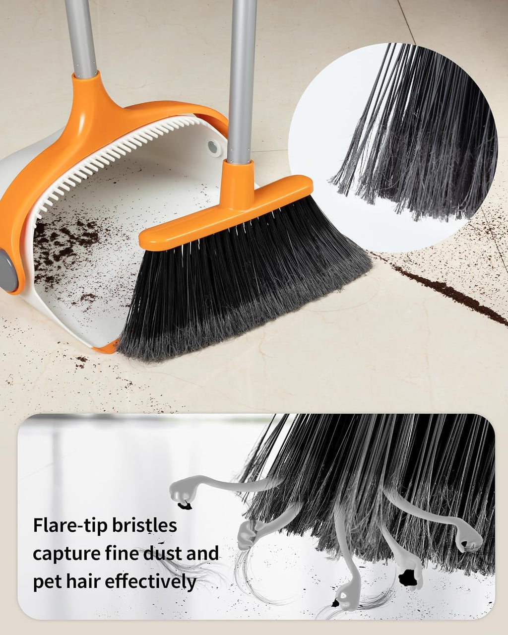 MR.SIGA Broom and Dustpan Set with Adjustable Long Handle, White & Orange