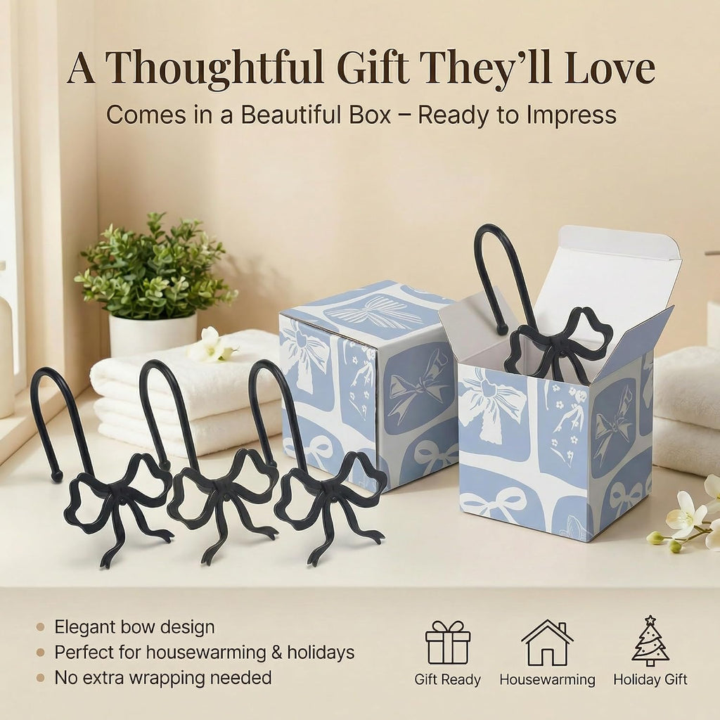 Bow Shower Curtain Hooks, 12-Pack Black Metal Decorative Bow Knot Rings