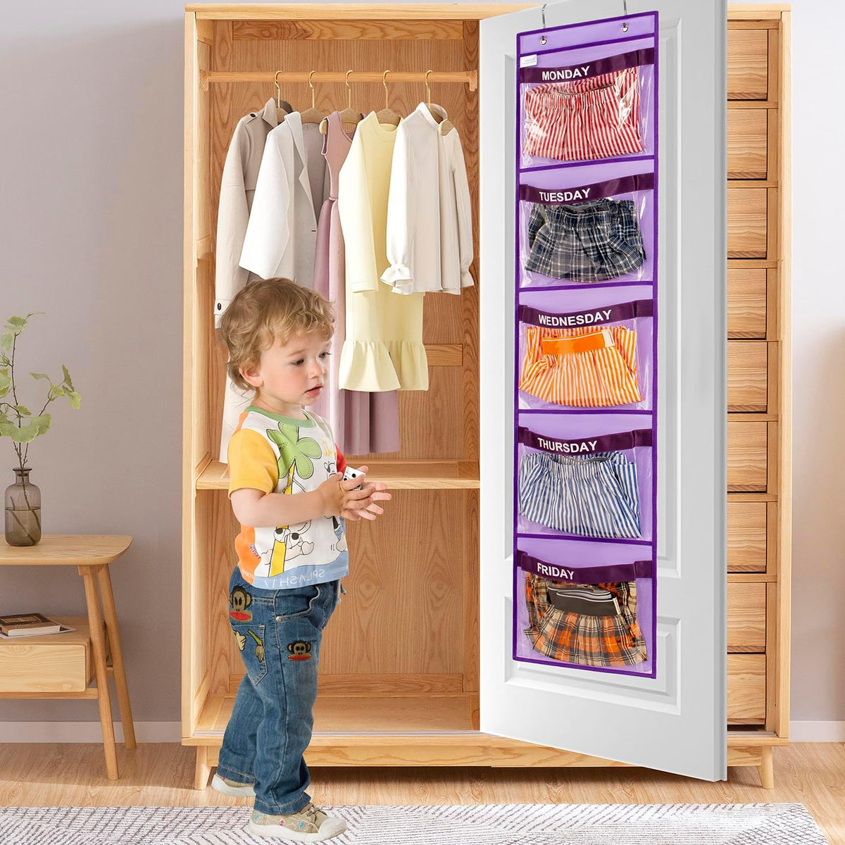 Day of Week Kids Clothes Organizer Weekly Hanging Closet Organizer Monday to Friday School Clothing Storage (PURPLE)