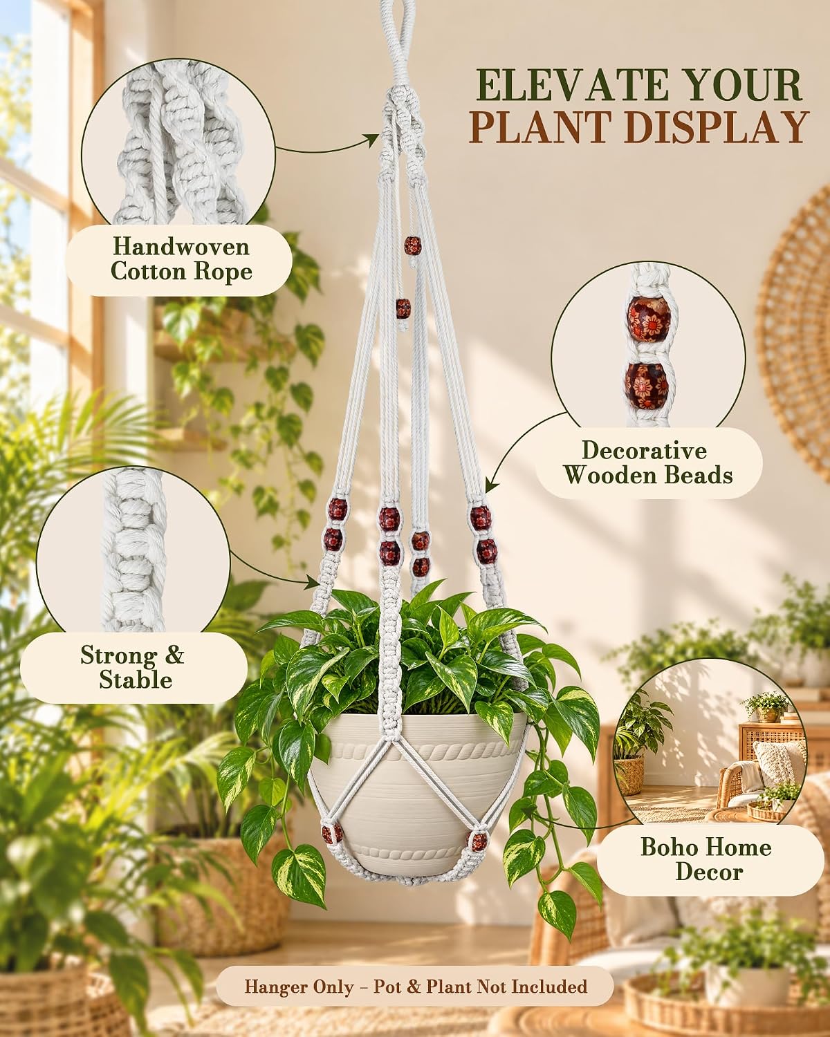 Macrame Plant Hanger Indoor 35 Inch Hanging Basket Ivory 1Pack