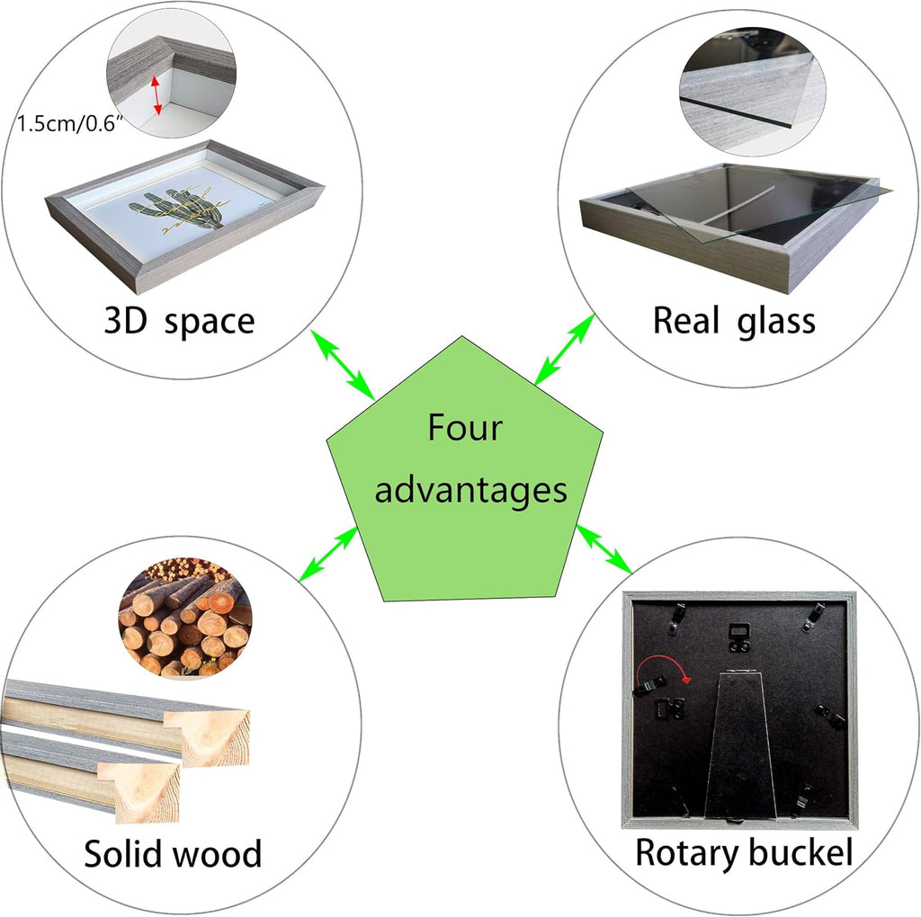 8x8 Shadow box Frame Grey Shadow Box Display Case Made of Solid Wood and Real Glass Deeps 0.6in for Wall Or Tabletop（3 Pack）