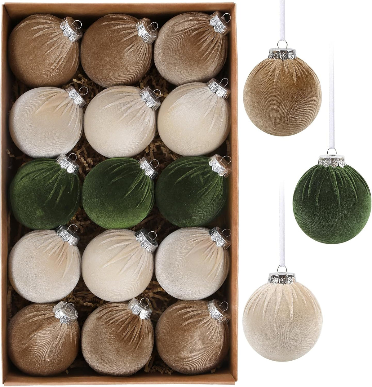 IPOPU 15Pcs Velvet Christmas Ornaments Balls Bulk for Christmas Tree Decoration 3.15in Big Flocked Xmas Hanging Ornaments Set for Home Plastic Large Shatterproof Velvet Ornaments (Green, Brown, Beige)