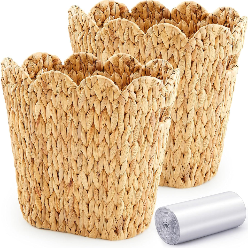 Ziliny 2 Pcs 3.6 Gallon Wicker Trash Can, Nature Scalloped Waste Basket
