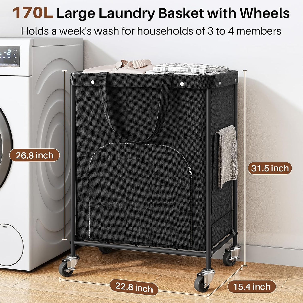 170L Large Laundry Basket with Wheels, Rolling Laundry Hamper Easy Access Clothing Minimizes Bending, Laundry Cart with 4 Silent Casters & Removable Bag for Bedroom, Bathroom, Laundry Room,Black