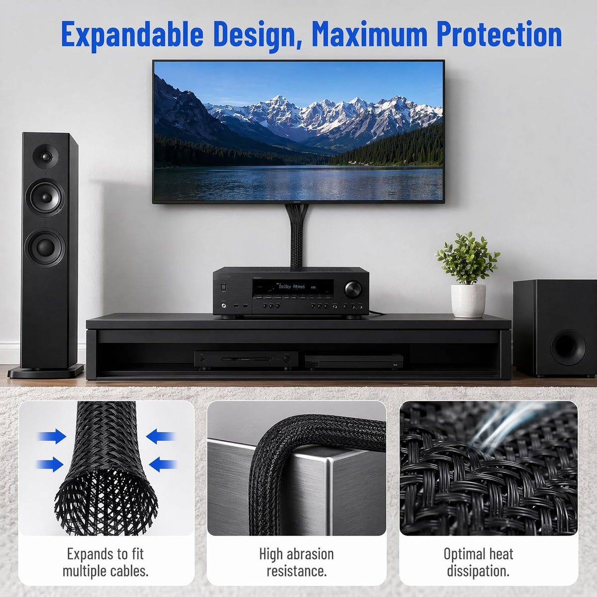 32ft 1/4" Expandable Cable Management Sleeve, PET Braided Wire Protector