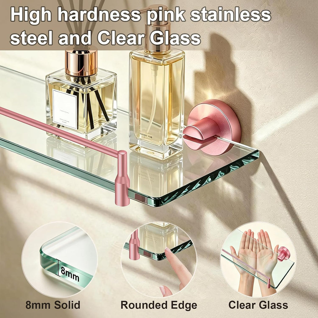 16-Inch Pink Glass Bathroom Shelf, Floating Shelf for Wall