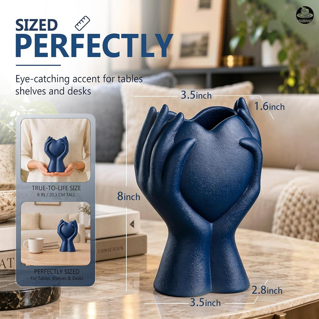 8" Heart Hand Navy Blue Ceramic Vase - Unique Modern Aesthetic Flowers Vase for Living Room Bedroom Office Kitchen Table Centerpiece or Shelf Decor-Gifts for Wedding Bridal Shower Women Mom (Blue)