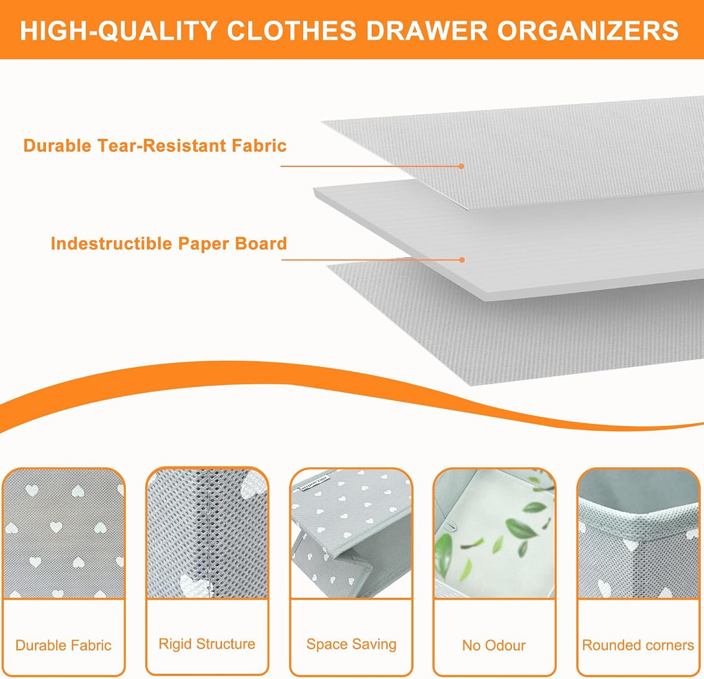 12 Pack Baby Clothes Organizer for Nursery Drawer - Foldable Fabric Dresser Dividers & Storage Bins for Diapers, Onesies, Accessories - Mydou Tidy Grey Heart Decorative Organizers