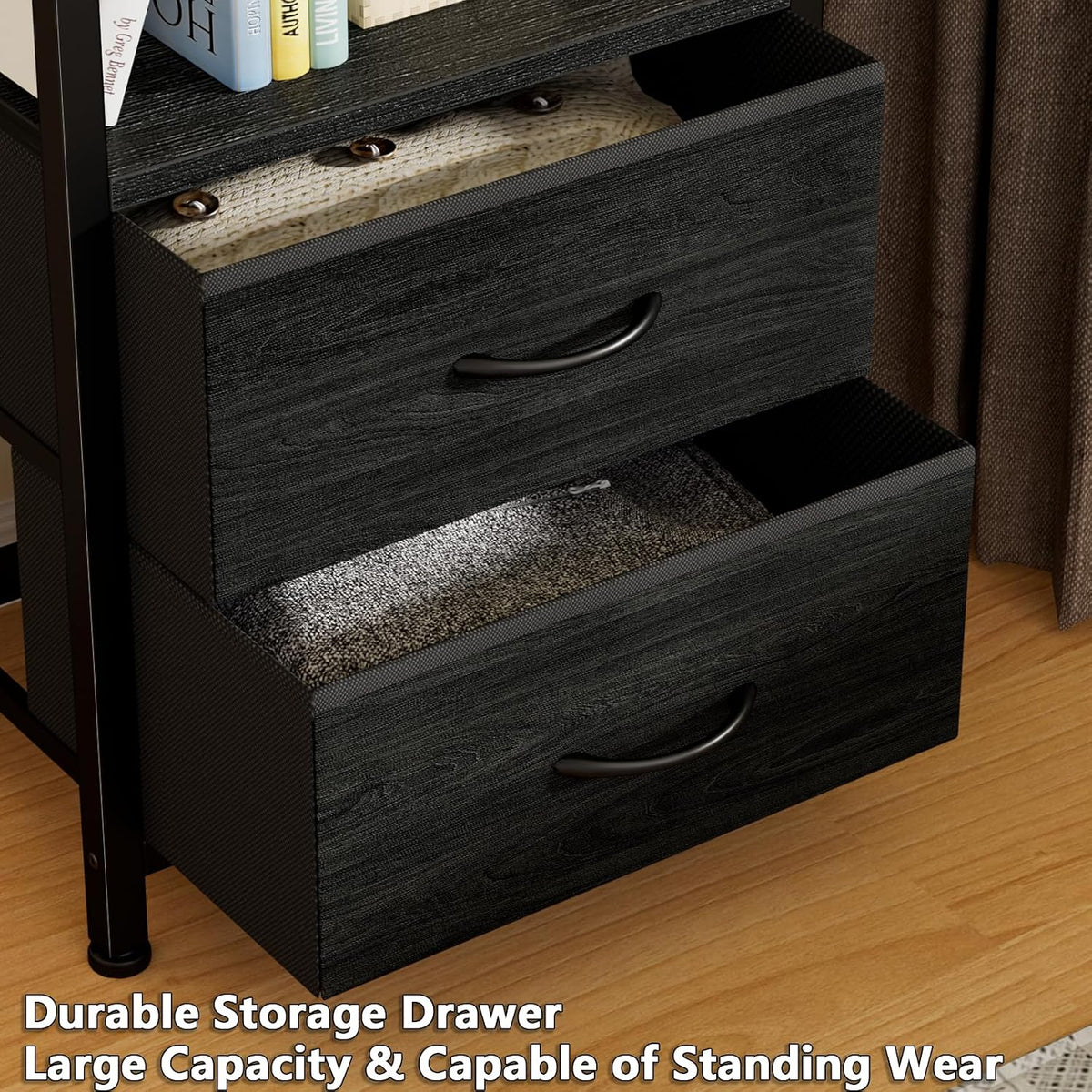 Furnulem 4 Tier Corner Shelf,Black Narrow Bookshelf with 2 Storage Drawers