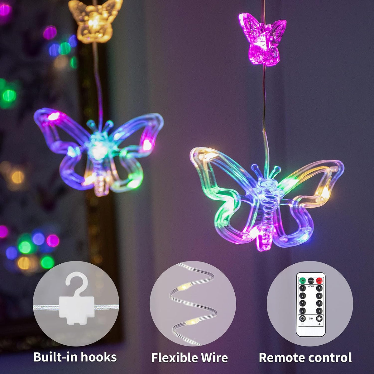 YOLIGHT Butterfly Curtain Lights for Bedroom 9.8ft LED Twinkle Fairy Light with Remote Timer Cute String Lights Wall Décor for Kids Girls Room Bed Canopy Wedding Easter Decoration (Multicolor)