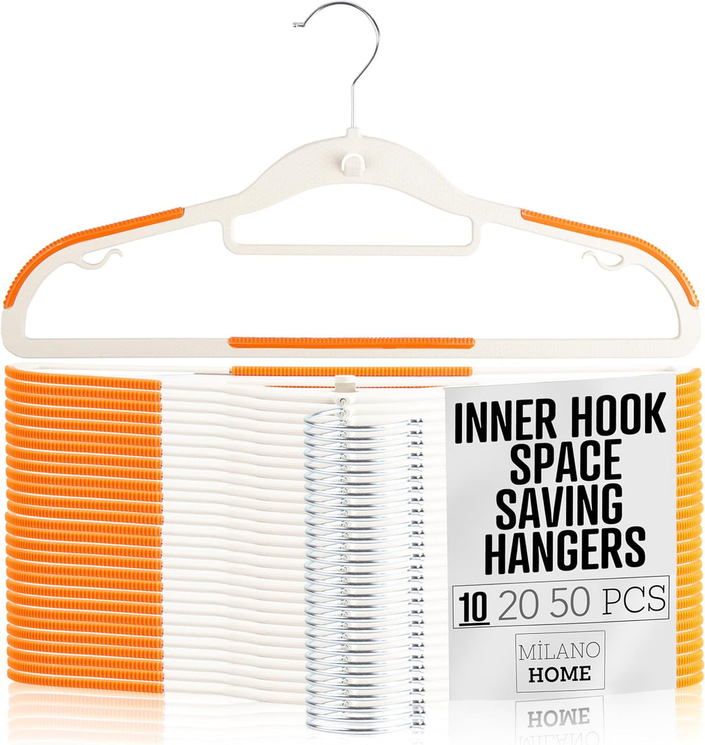 Lightweight White Plastic Hangers 10 Pack with Cascading Hook, Space Saving Thin, Closet Organizer, Orange Anti-Slip Pads, 360° Swivel, Tie Holder