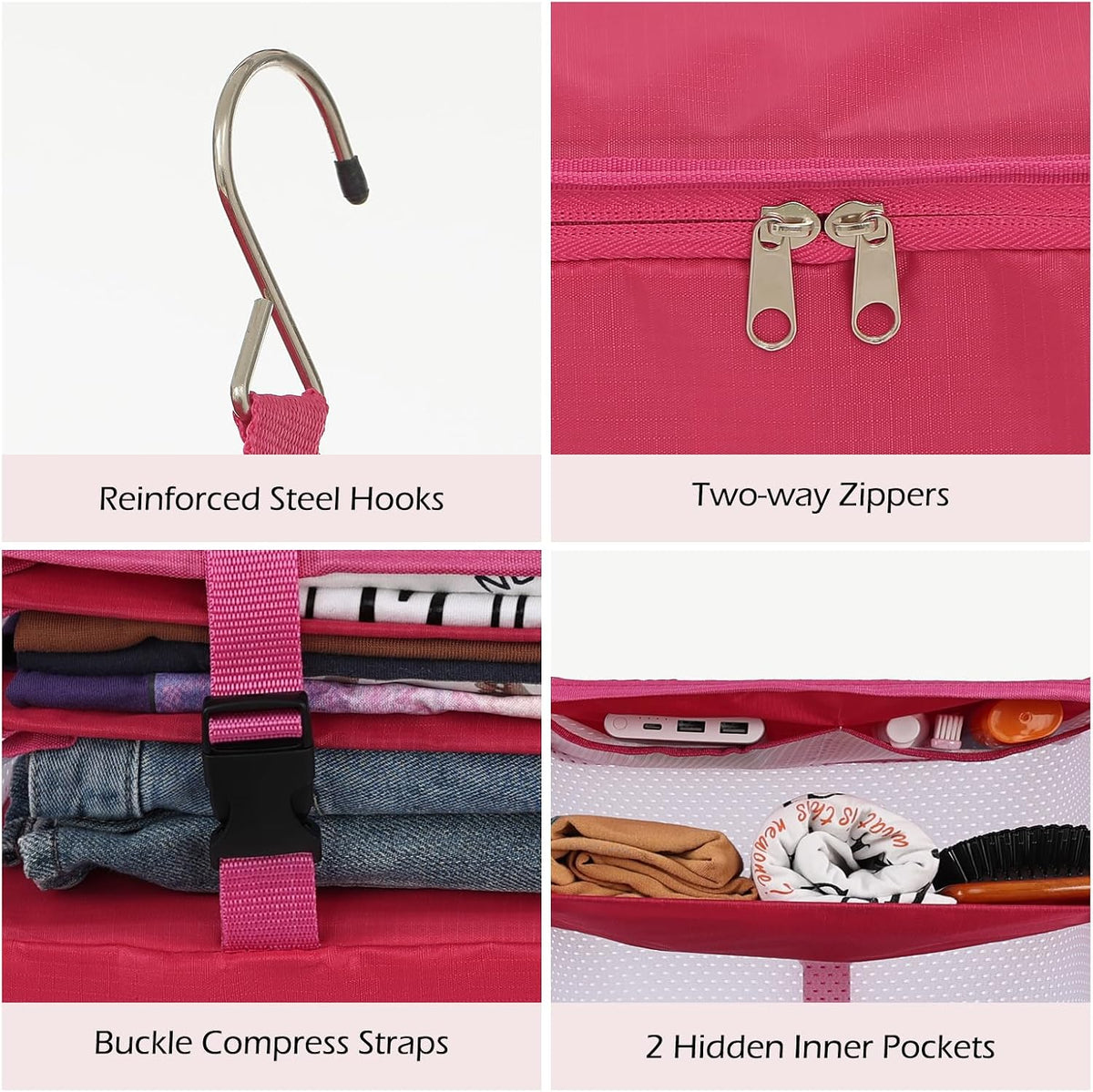 Surblue Hanging 3-Shelf Closet Organizer Pocket Collapsible Washable Oxford Fabric with 2 Hooks (L 11.41 * 11.41 * 19.68in, Rose)