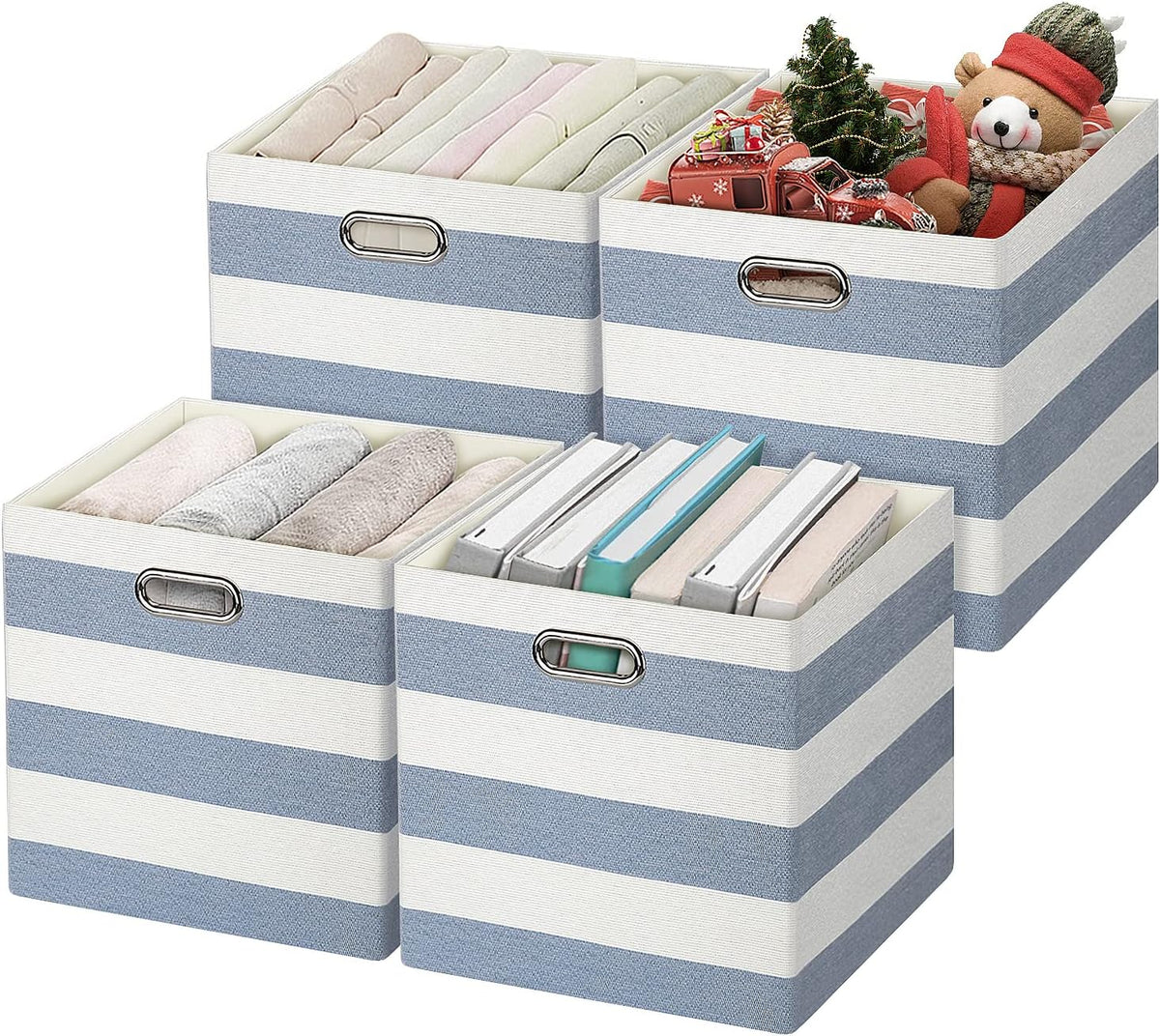 13x13x13 Storage Cubes Bins,Collapsible Fabric Bins 4Pack,Blue-white