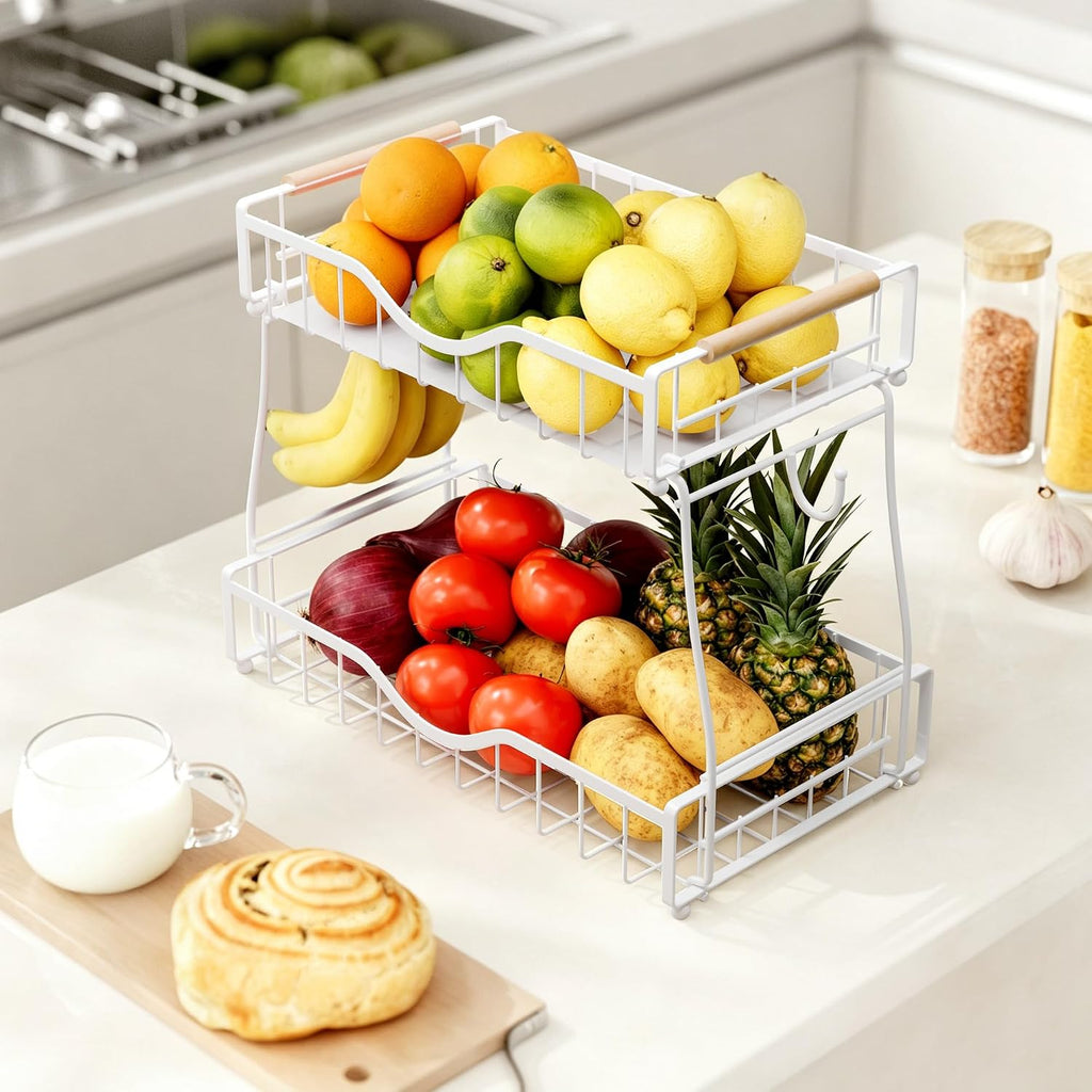 2 Tier Fruit Bowl,Fruit Basket with Banana Hangers,White