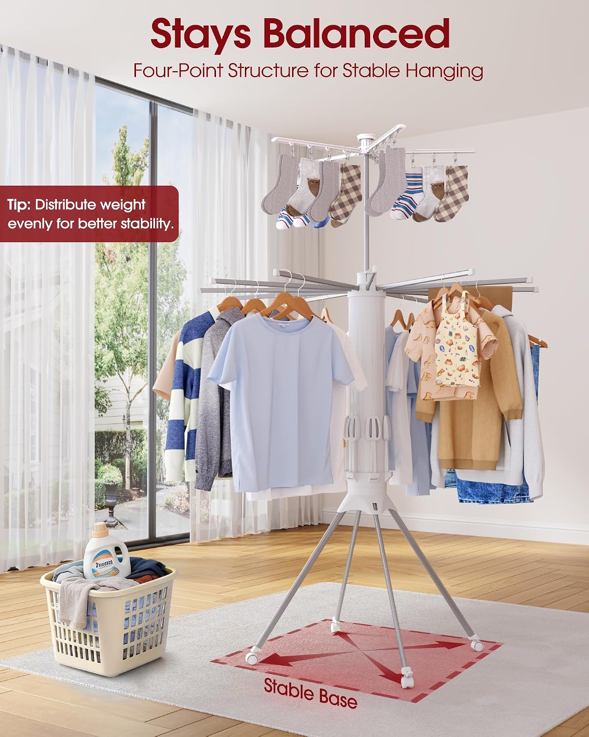 Sakugi Foldable Clothes Drying Rack, 12 Steel Arms, Silent Wheels, 71" H
