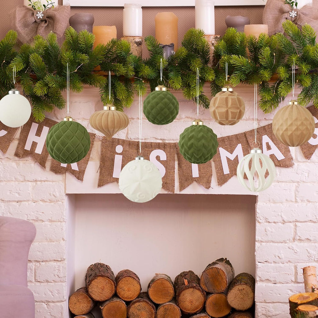 30pcs Velvet Christmas Ball Ornaments, Flocked Shatterproof Christmas Ornaments Hanging Xmas Tree Decorations Set for Home Party Holiday Decor (Multi-Size, Brown-Green-Cream)