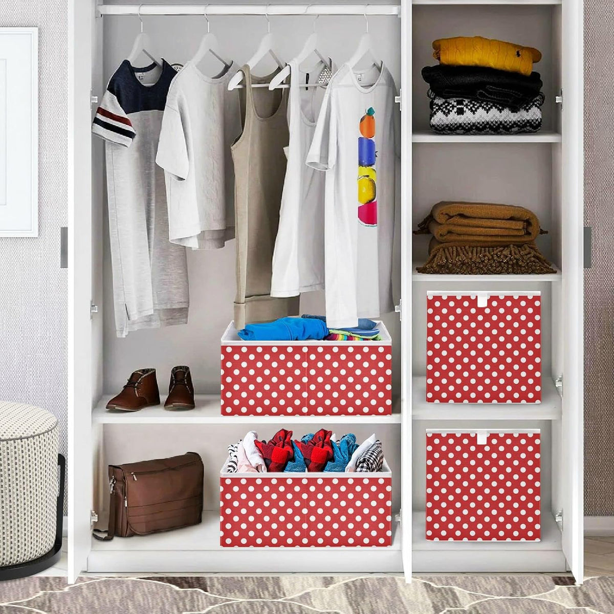CaTaKu Red Polka Dot Cubes Storage Bins 11 inch Collapsible Fabric Storage Baskets Shelves Organizer Foldable Decorative Bedroom Storage Boxes for Organizing Home