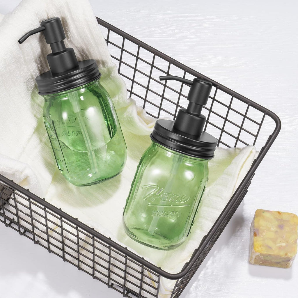 Amolliar Green Glass Mason Jar Liquid Soap Dispenser, 16OZ, Black 2 Pack