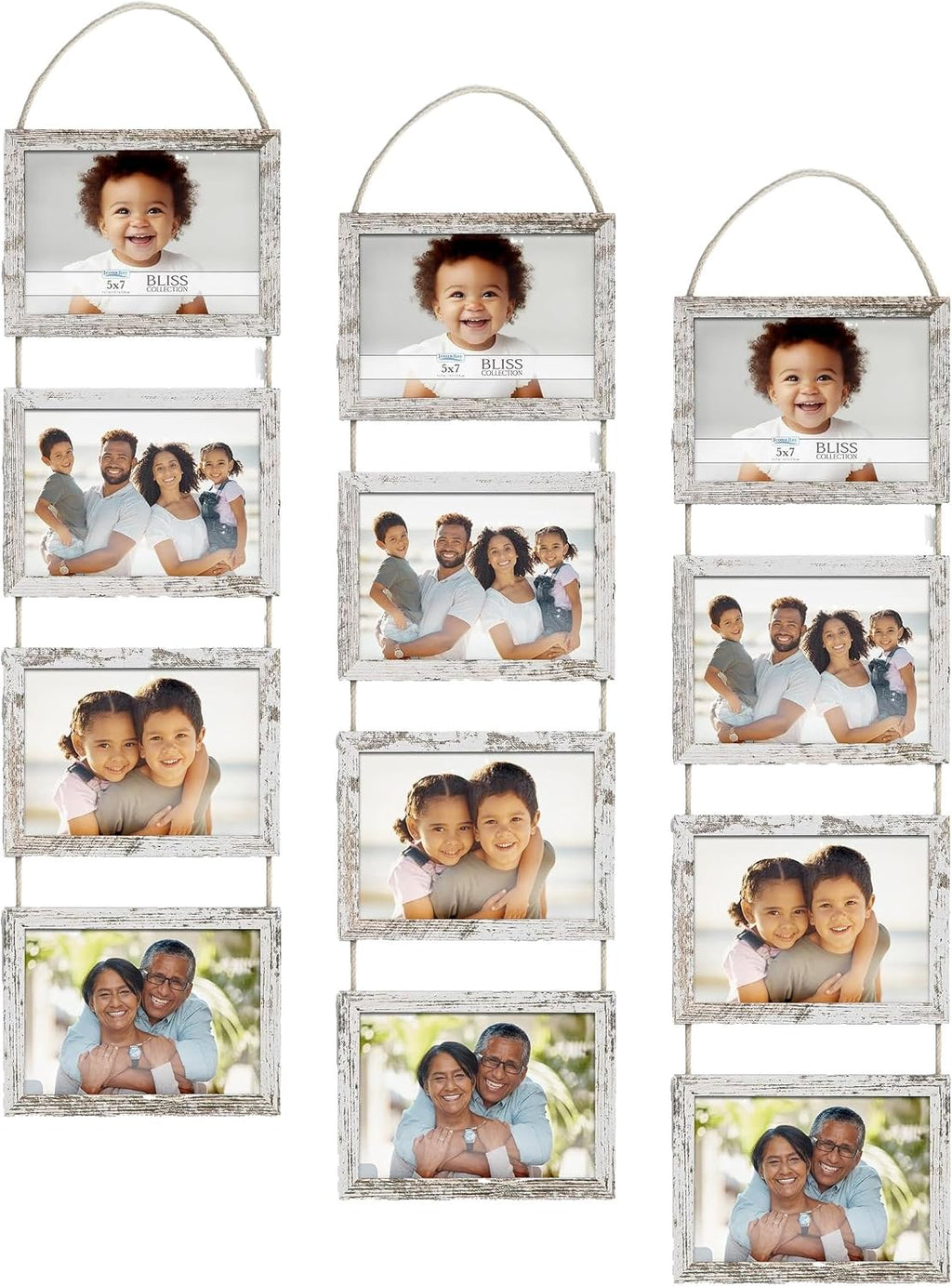 Icona Bay - 5x7 Wall Hanging Picture Frames Collage with 4 Openings - Distressed White - Casual Style Engineered Wood Frames - Wall Mount Only - Bliss Collection (Pack of 3)