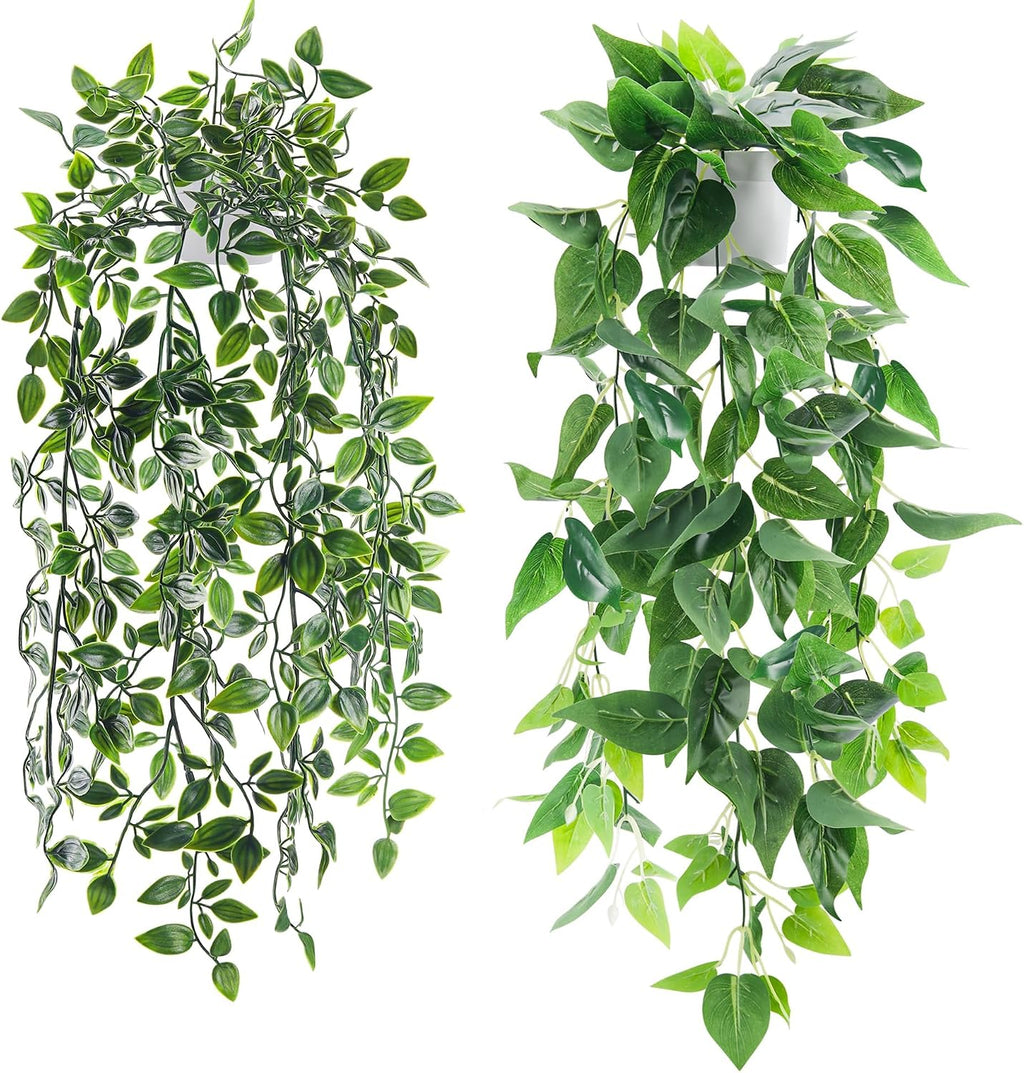 Der Rose 2Pcs Fake Hanging Plants Artificial in White Pots for Office Decor