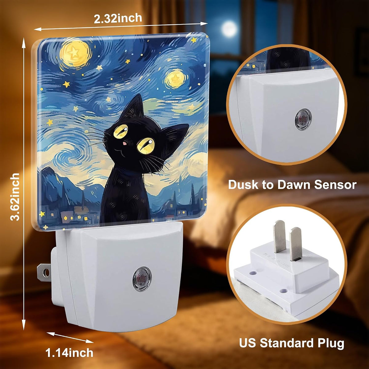 Night Lights Plug into Wall, Starry Night Black Cat Night Light with Dusk to Dawn Smart Sensor for Bedroom Bathroom Hallway Kitchen, Led Nightlights for Boys Girls Women Men