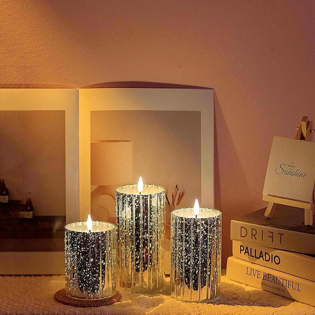 volnyus Silver Flameless Candles Set - 3 Pack(Φ 3" H 4" 5" 6") with Remote, Starscape Glass LED Night Lights for Home Decor, Wedding, Christmas Mantle,Battery Operated Flickering LED Pillar Candles