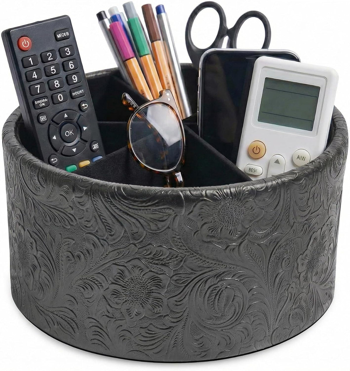 Remote Control Holder, 360°Spinning PU Leather Desk TV Remote Caddy,Desk Storage Box Room Accessories for Controller, Media,Mail,Calculator, Mobile Phone,Pencil(1-Carved Black)