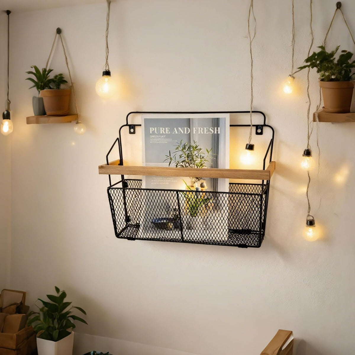 Wall File Organizer with Wooden Trim, Wall Mounted Magazine Holder, Hanging File Organizer, Metal Wire Hanging Magazine Rack for Living Room and Office, Hanging Paper Organizer, 2 Packs