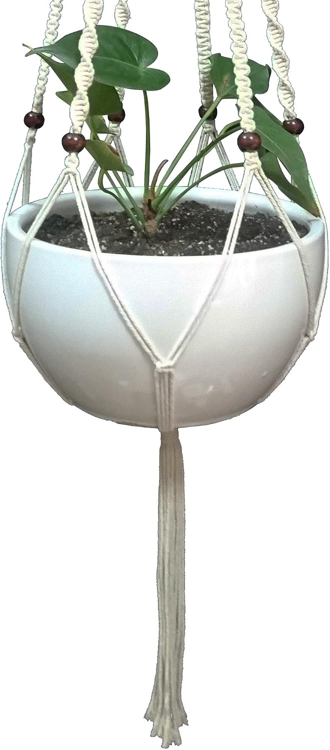 Plant Hanger Macrame Cotton 6 Legs 51 Inches in Tan and Green Color for Indoor Outdoor, Living Room, Kitchen, Deck, Patio, High and Low Ceiling with Size of 10-12 inches Without THE Pot (Cream)