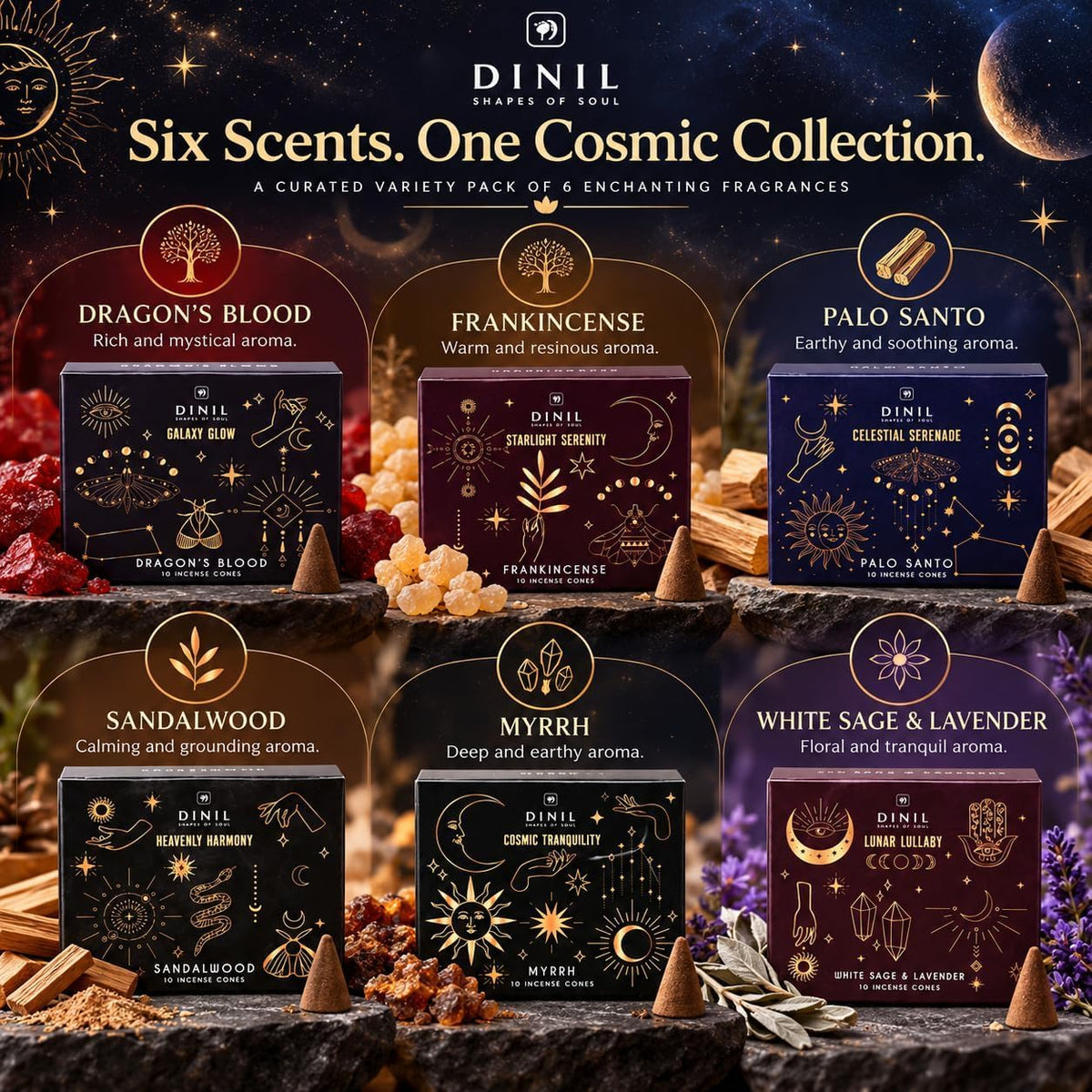 Dinil Cosmic Aura Incense Cones Variety Pack, 60 Cones, 6 Fragrances