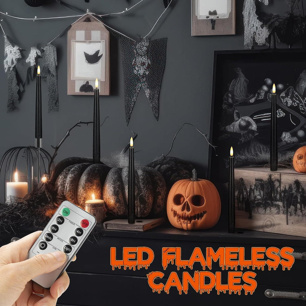 Black Flameless Candles with Remote, Halloween Taper Candles Decor, 3 Pack