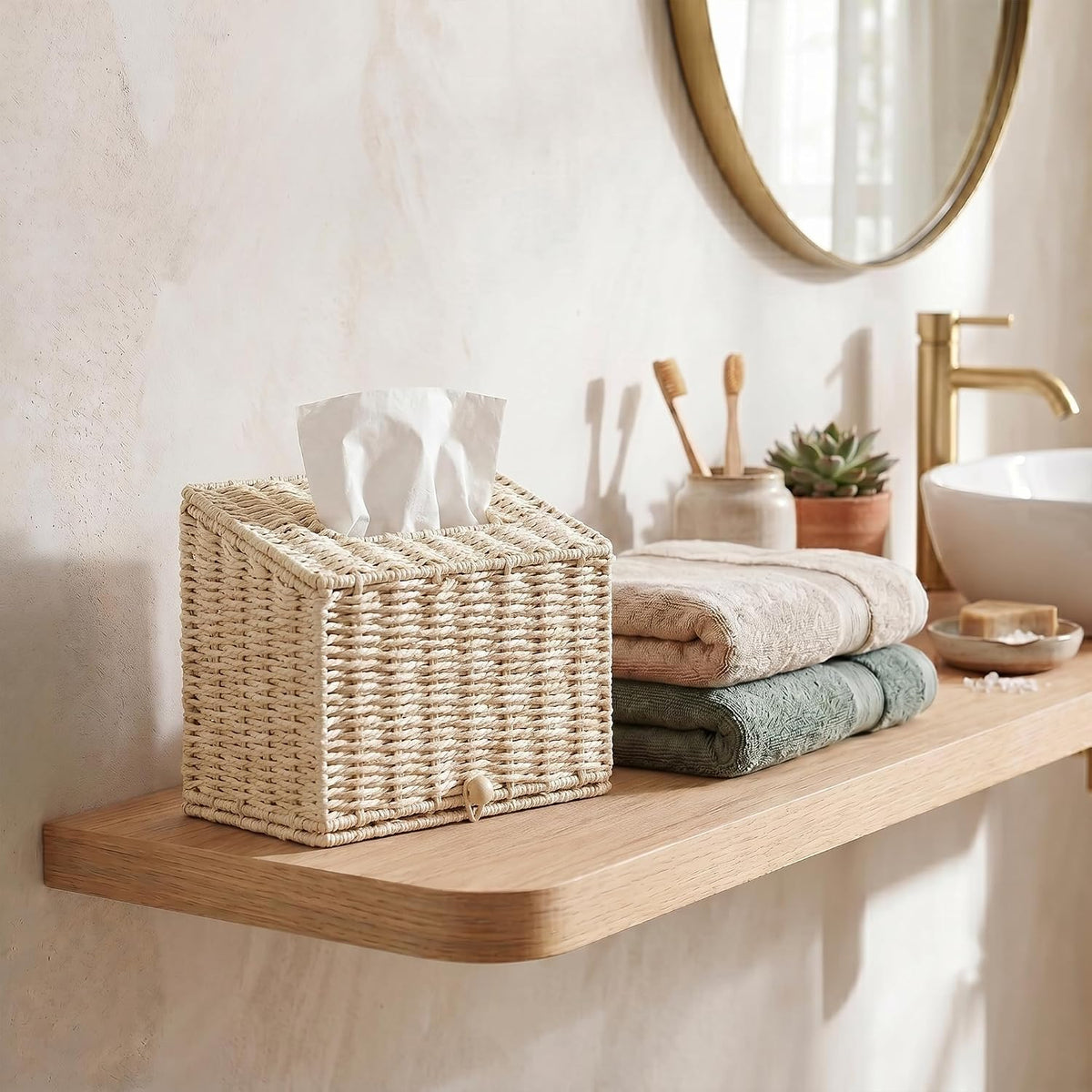 PINXIURY Hand Towel Box Cover,Paper Rope Wicker Tissue Holder for Kleenex Hand Towels,Hand Towel Holder,Slant-Top Paper Rope Tissue Box for Bathroom,Kitchen and Bedroom,Off White