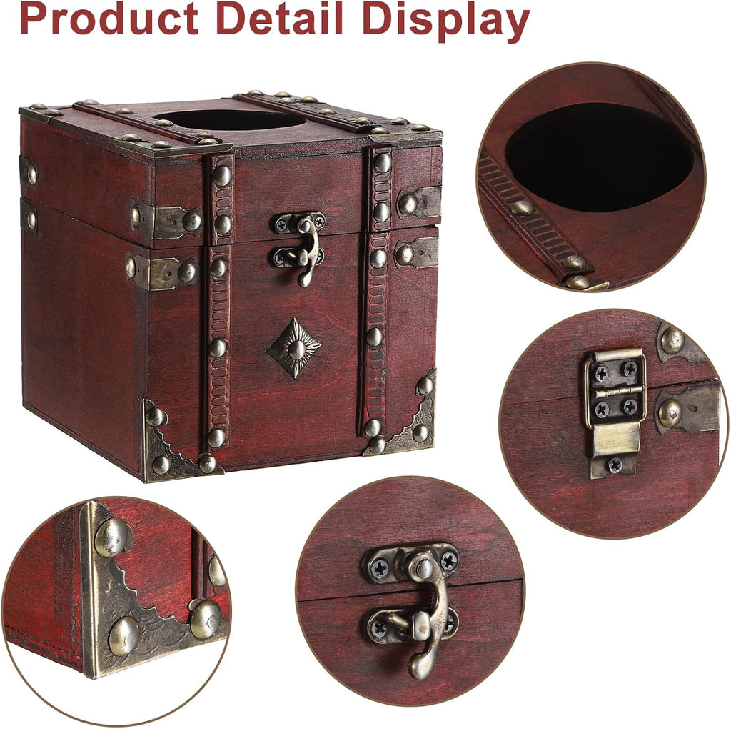 Sumnacon Tissue Box Retro Wood Square Tissue Box Cover Vintage Cube Tissue Box Holder,Decorative Tissue Holder for Bedroom Bathroom Toilet Table Desk Car Store Office Home,Red