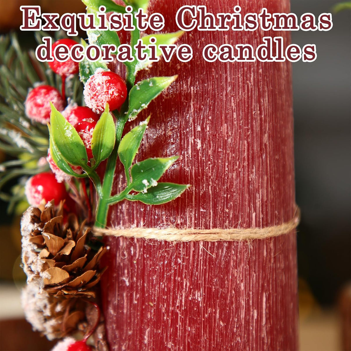 Conelist 2 Pcs Christmas Burgundy Pillar Candles 3 x 6in with Pine Branch