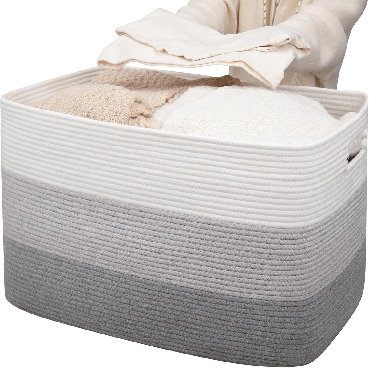OIAHOMY 118L Extra Large Blanket Basket Cotton Rope Storage Basket Grey